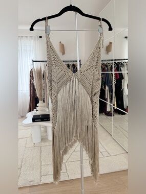 Boho Hand-Knit Fringe Tank Top in Beige